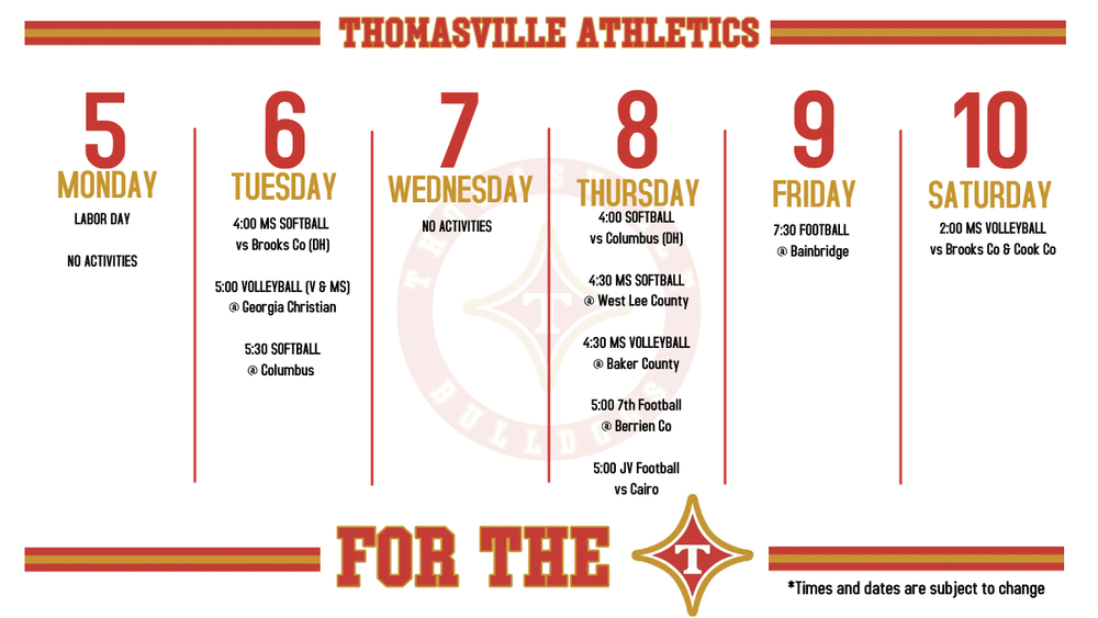 Athletics Update/Weekly Schedule: 9/5 - 9/10