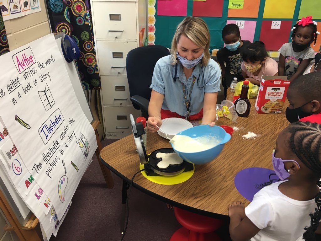 Ms. Cunningham's Kindergarten class at Harper making Mickey pancakes with syrup to focus on the letters M and S.